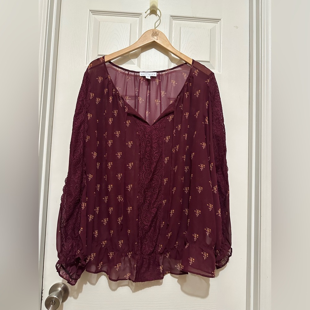Women's Boutique Plus Size Burgundy
Floral Long Sleeve Blouse Size 2X